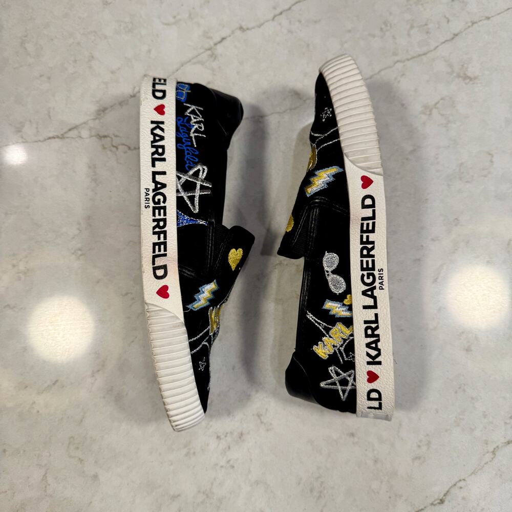Karl Lagerfeld Paris Jazlyn Slip-On Sneakers Sz 8 Black Embroidered Graffiti - Picture 4 of 16